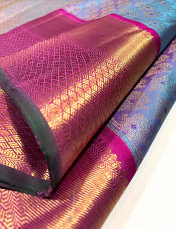 Unique Double Tone Kanchipuram Handloom Silk Saree with Pink Border & Grand Pallu