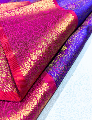 Royal Blue & Red Kanchipuram Handloom Silk Saree with Gold Zari Floral Motifs