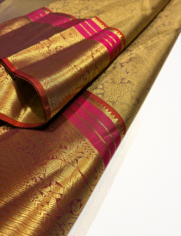 Gold Kanchipuram Silk Saree with Red Border & Rose Stripe Design