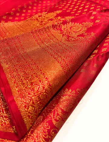 Super Red Kanchipuram Handloom Silk Saree with Gold Zari Turning Border