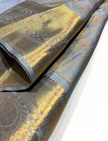 Silver Grey Kanchipuram Silk Saree – Gold Zari Weaving