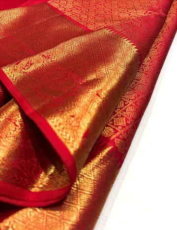 Grand Traditional Red Kanchipuram Silk Saree – Peacock & Elephant Motifs with Gold Zari