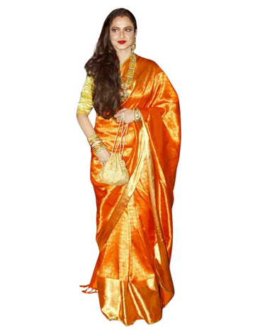 Orange Tissue Kanchipuram Silk Saree with Full Gold Zari Weaving