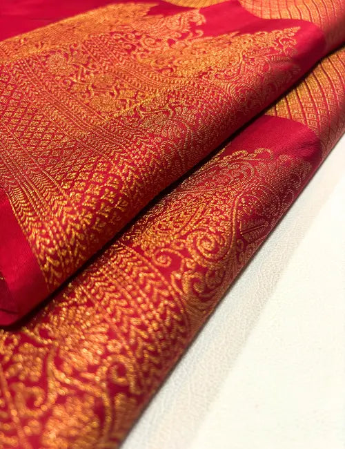 Luxurious Red Kanchipuram Silk Saree with Gold Zari & Turning Border