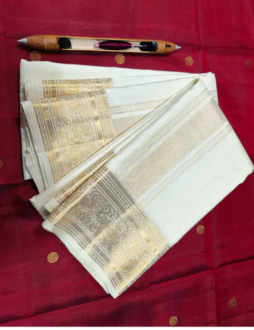 Pure Handloom Kanchipuram Silk Dhoti & Angavastram Set – White Cream with Gold Zari Double Elephant Border 8*4