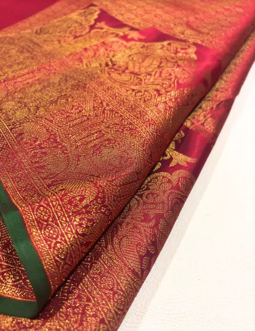 Araku Red Kanchipuram Handloom Silk Saree with Gold Zari Turning Border