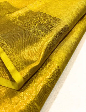 Lemon Yellow Kanchipuram Handloom Silk Saree with Gold Zari Chakra Motifs
