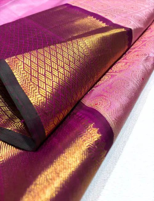 Elegant Baby Pink Kanchipuram Silk Saree with Maroon Border & Gold Zari Weaving