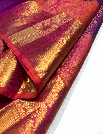 Purple Kanchipuram Silk Saree with Rust Orange Border & Gold Zari