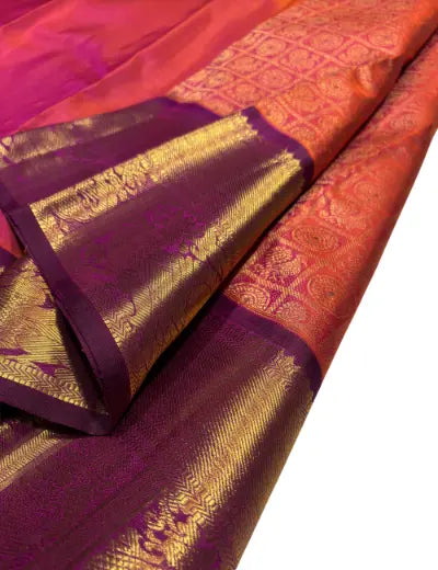 Orange Body with Maroon Border | Peacock & Chakra Weaving |Kanchipuram Handloom Silk Saree