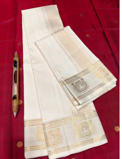 Pure Kanchipuram Silk Dhoti Set in White Cream with Gold Zari Tiger Motif Border 8*4