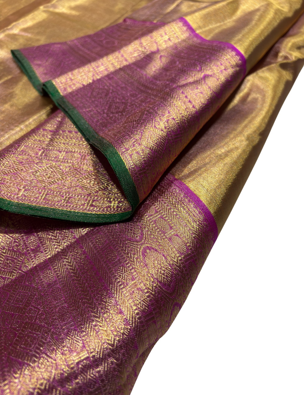 Full Gold Kanchipuram Tissue Silk Saree with Pink Border & Geometric Gold Zari Work