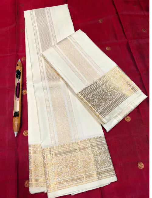 Pure Handloom Kanchipuram Silk Dhoti & Angavastram Set – White Cream with Gold Zari Umbrella, Elephant & Peacock Border 8*4