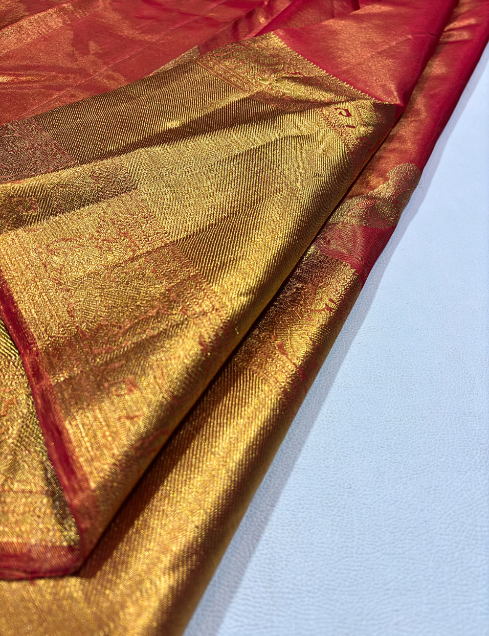 Red Tissue Kanchipuram Silk Saree – Long Zari Border | Traditional Mango Motifs