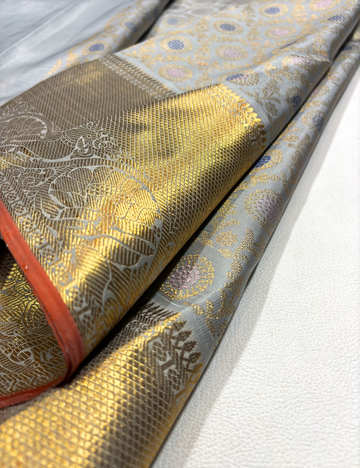 Exquisite Silver Grey Kanchipuram Handloom Silk Saree with Gold Zari & Intricate Designs