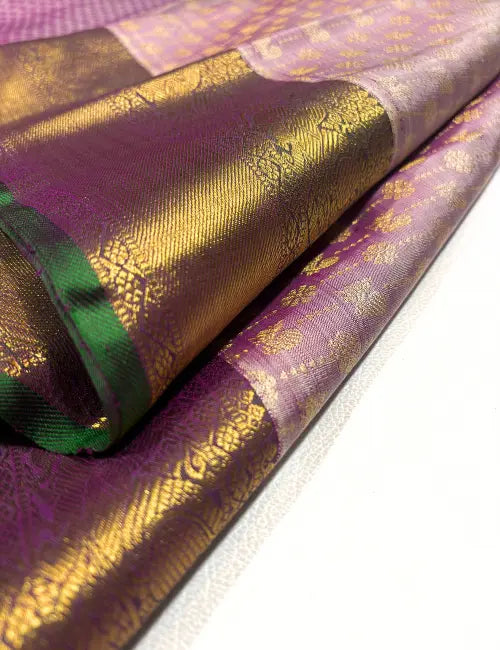 Pastel Magenta & Green Kanchipuram Handloom Silk Saree with Peacock & Chakra Motifs