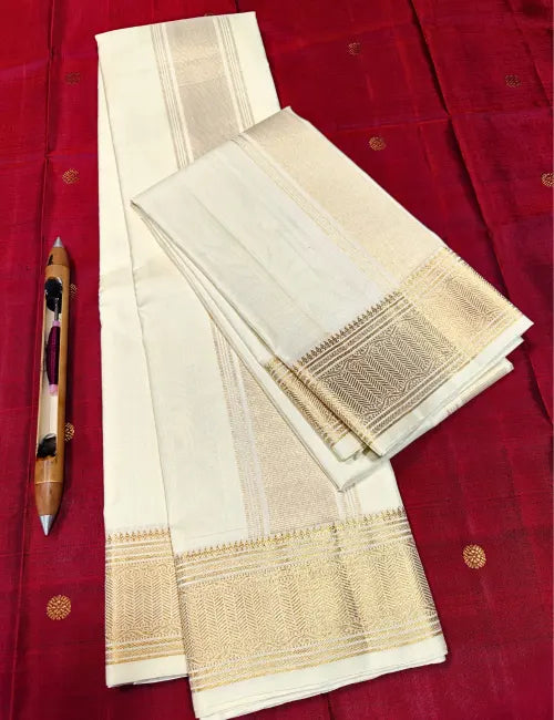 Pure Handloom Kanchipuram Silk Dhoti & Angavastram Set – White Cream with Gold Zari Geometric Border 8*4