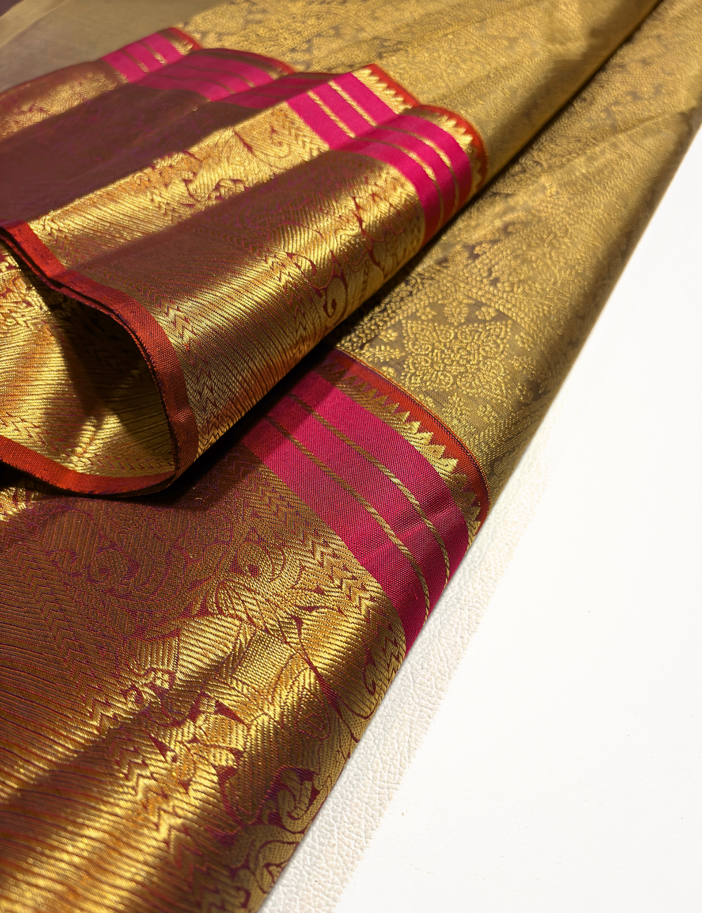 Gold Kanchipuram Silk Saree with Red Border & Rose Stripe Design