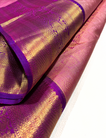 Pink & Purple Kanchipuram Silk Saree – Rich Gold Zari Weaving | Unique Combination