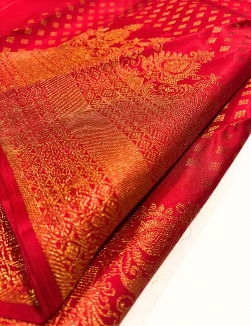 Super Red Kanchipuram Handloom Silk Saree with Gold Zari Turning Border
