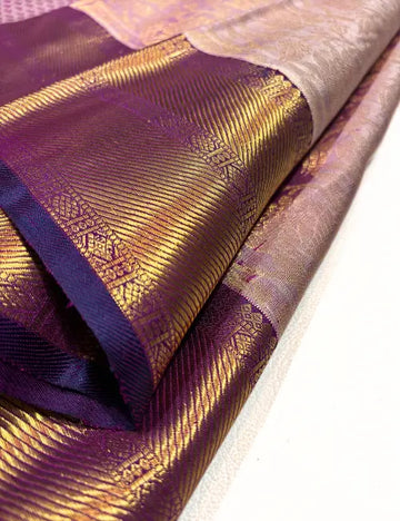 Exquisite Lavender Kanchipuram Silk Saree with Dark Purple Border & Gold Zari