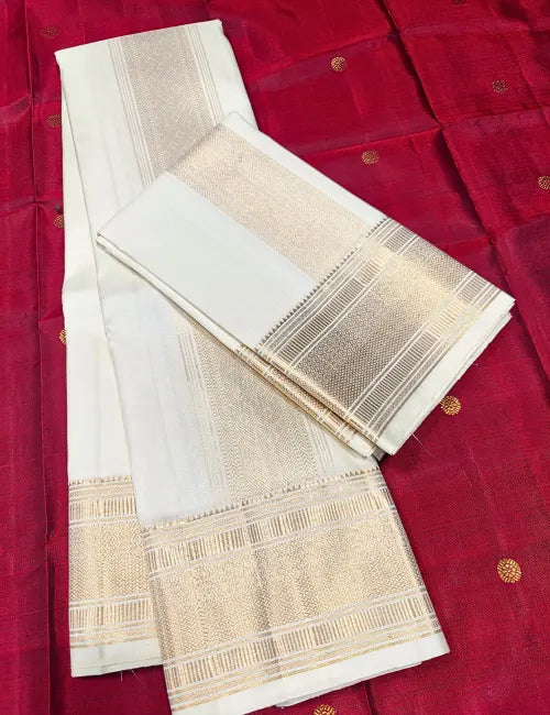 Pure Handloom Kanchipuram Silk Dhoti & Angavastram Set – White Cream with Rich Gold Zari Traditional Broad Border 8*4