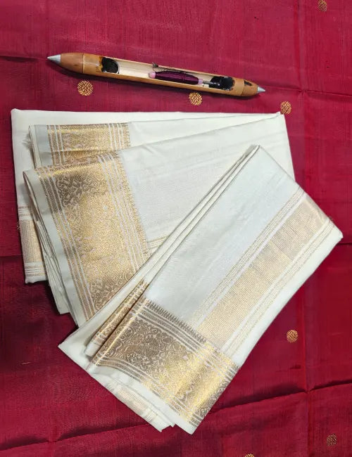 Pure Handloom Kanchipuram Silk Dhoti & Angavastram Set – White Cream with Gold Zari Horse Motif Border 8*4