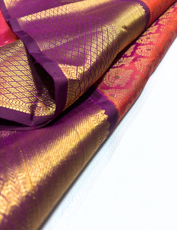 Rose Orange Kanchipuram Silk Saree with Purple Border & Gold Zari