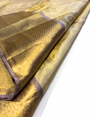 Off-White with Lavender Border | Gold & Silver Floral Motifs Kanchipuram Tissue Silk Saree