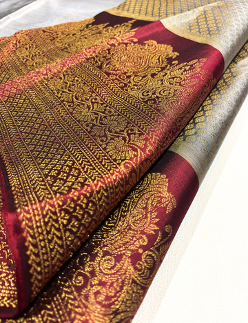 Elegant Grey Kanchipuram Handloom Silk Saree with Maroon Turning Border