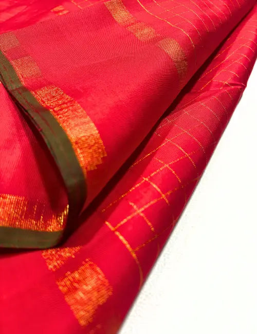 Red Kanchipuram Silk Saree – Small Checks in Zari
