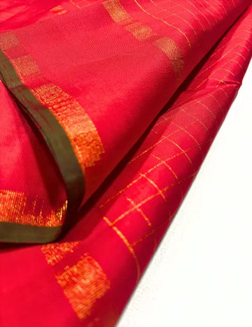Red Kanchipuram Silk Saree – Small Checks in Zari