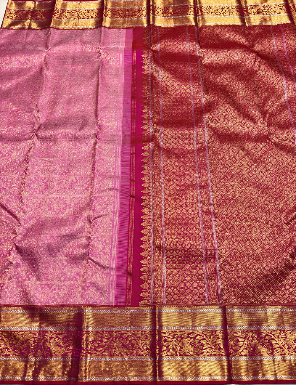 Pink & Red Kanchipuram Silk Saree with Gold-Silver Zari Border