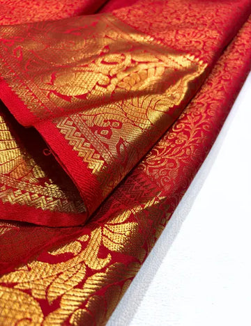 Red Kanchipuram Silk Saree with Gold Zari Peacock & Floral Border