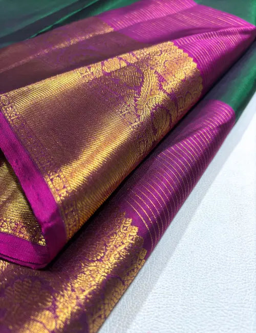 Elegant Green Kanchipuram Handloom Silk Saree with Rose Border & Gold Zari