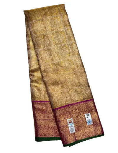 Kanchipuram Handloom Gold Tissue Silk Saree – Peacock & Chakra Motifs | Pink Border