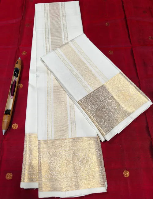 Pure Handloom Kanchipuram Silk Dhoti & Angavastram Set – White Cream with Gold Zari Double Elephant 5 inches Border 8*4