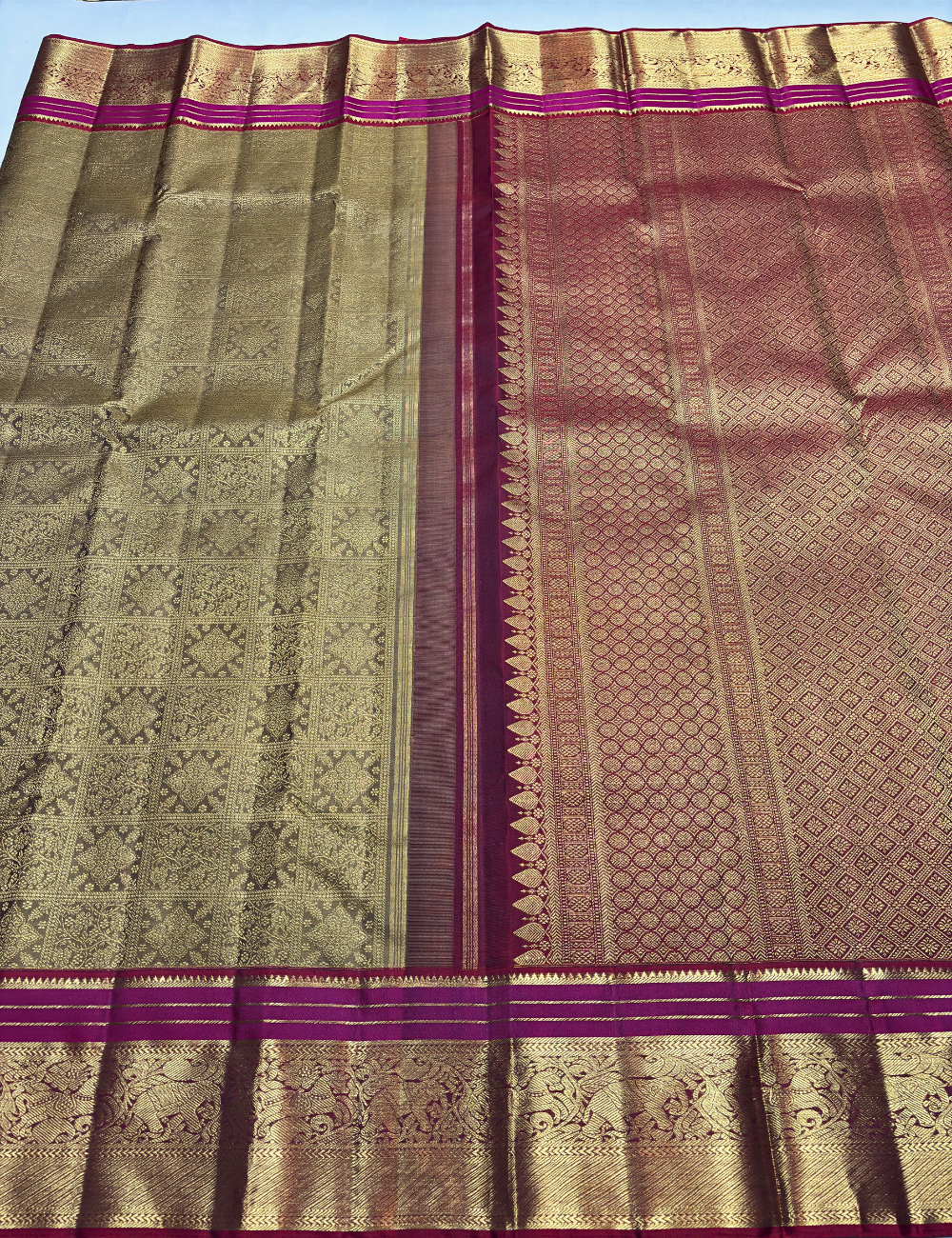 Gold Kanchipuram Silk Saree with Red Border & Rose Stripe Design