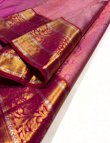 Pink & Red Kanchipuram Silk Saree with Gold-Silver Zari Border