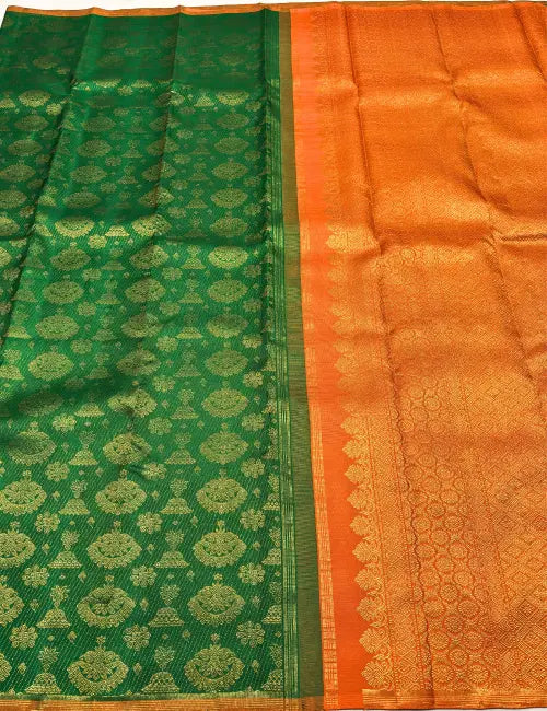 Borderless Green Kanchipuram Silk Saree with Gold Jimikki Motifs & Grand Orange Pallu