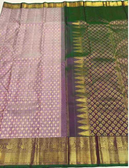 Pastel Magenta & Green Kanchipuram Handloom Silk Saree with Peacock & Chakra Motifs