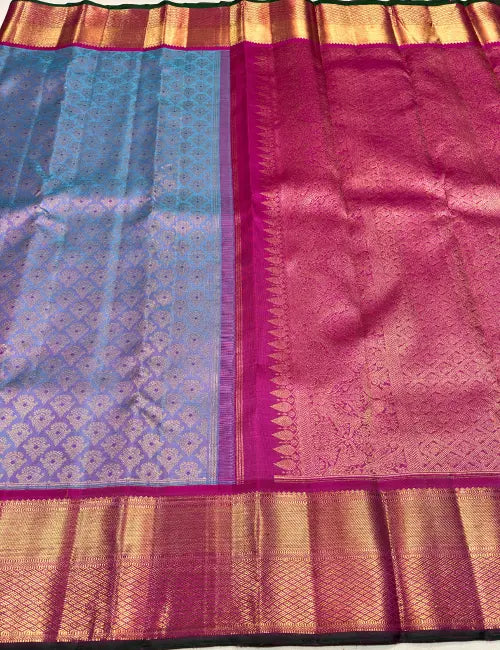 Unique Double Tone Kanchipuram Handloom Silk Saree with Pink Border & Grand Pallu