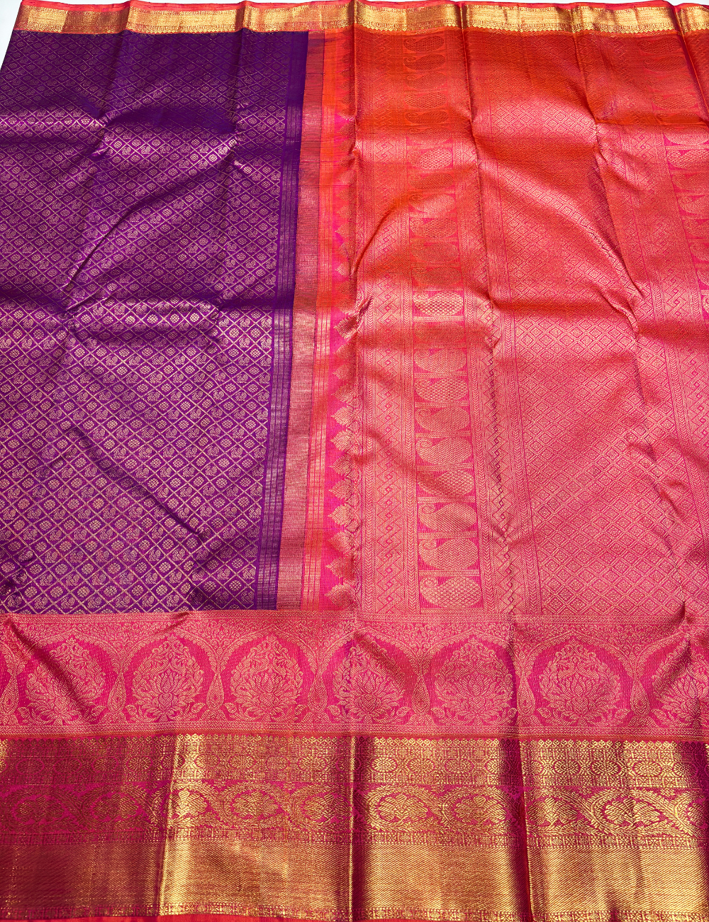 Purple Kanchipuram Silk Saree with Rust Orange Border & Gold Zari