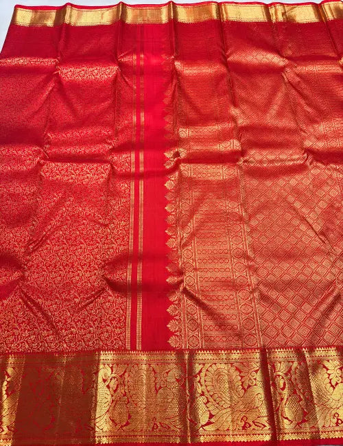 Red Kanchipuram Silk Saree with Gold Zari Peacock & Floral Border