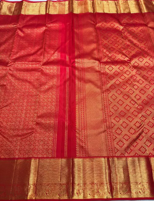 Grand Traditional Red Kanchipuram Silk Saree – Peacock & Elephant Motifs with Gold Zari