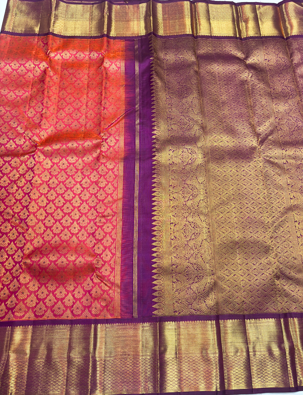 Rose Orange Kanchipuram Silk Saree with Purple Border & Gold Zari