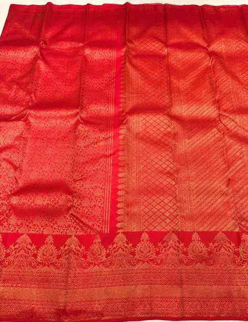 Classic Red Kanchipuram Handloom Silk Saree with Gold Zari & Turning Border