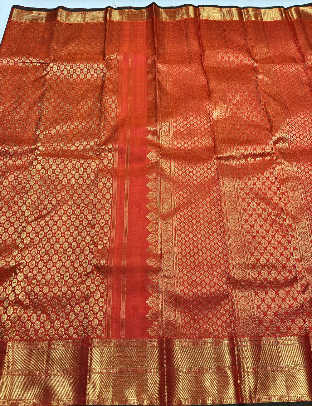 Rust Orange Kanchipuram Silk Saree with Gold Zari Weaving