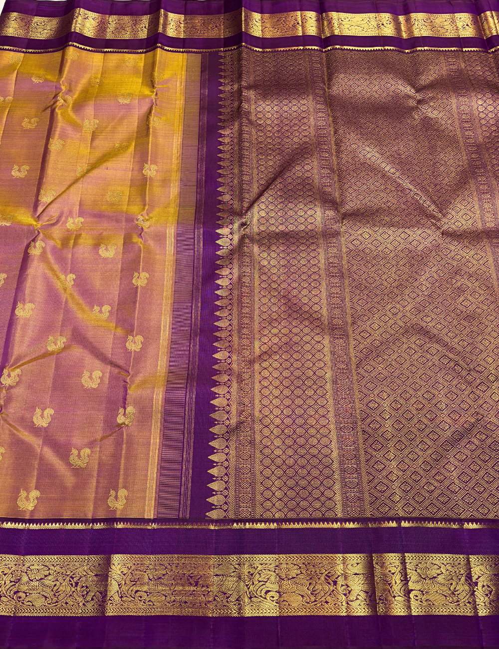 Rust Kanchipuram Silk Saree with Blue Border & Gold Zari Weaving