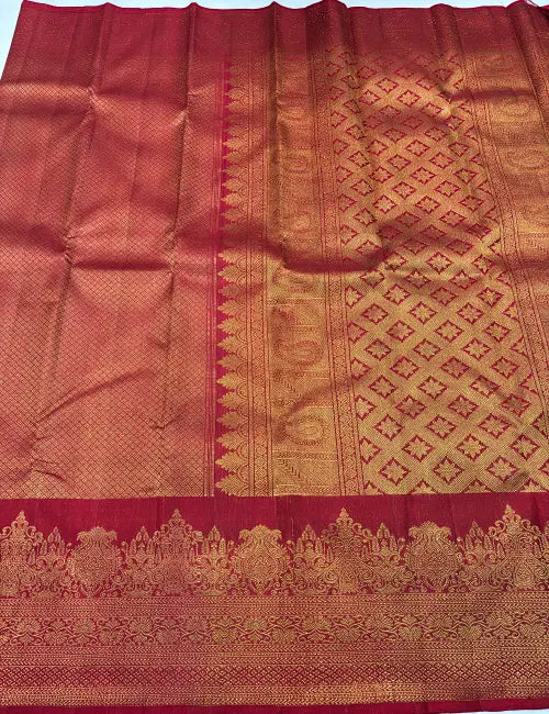 Luxurious Red Kanchipuram Silk Saree with Gold Zari & Turning Border